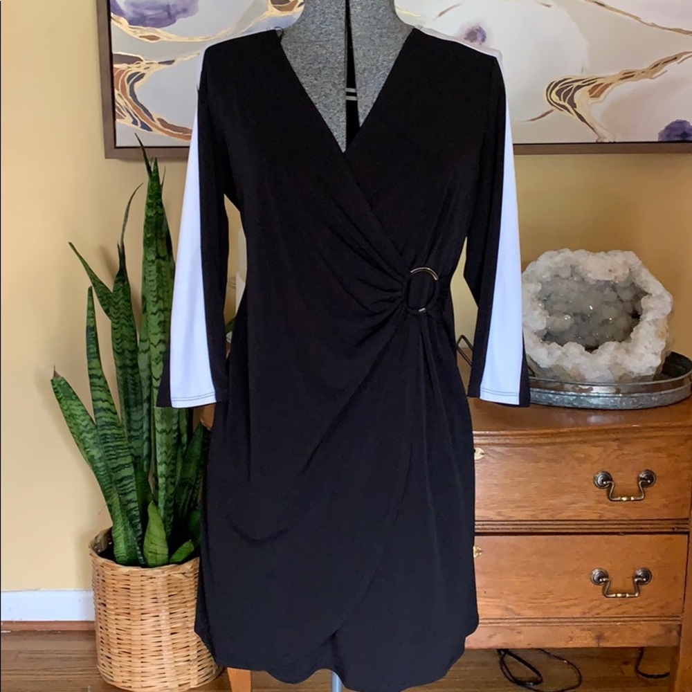 Black dress with white stripe arms
